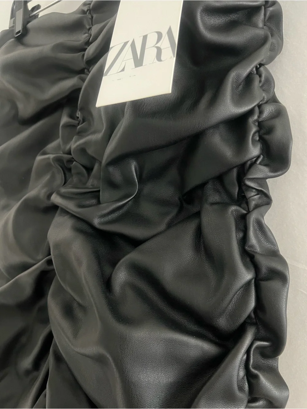 NWT Zara Black Faux Leather Ruched Draped Mini Skirt Medium